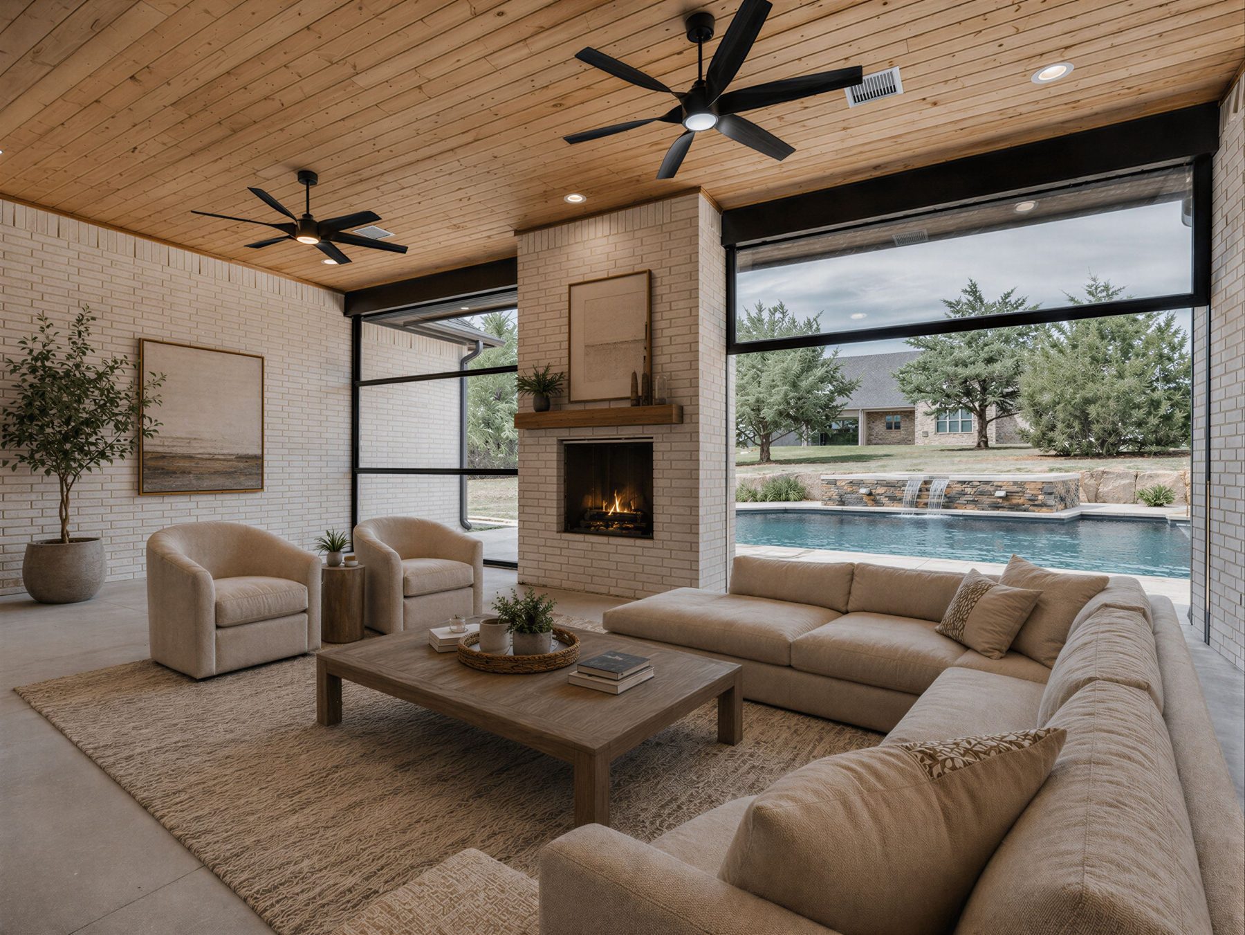 Covered outdoor living room with fireplace and sectional seating overlooking a pool